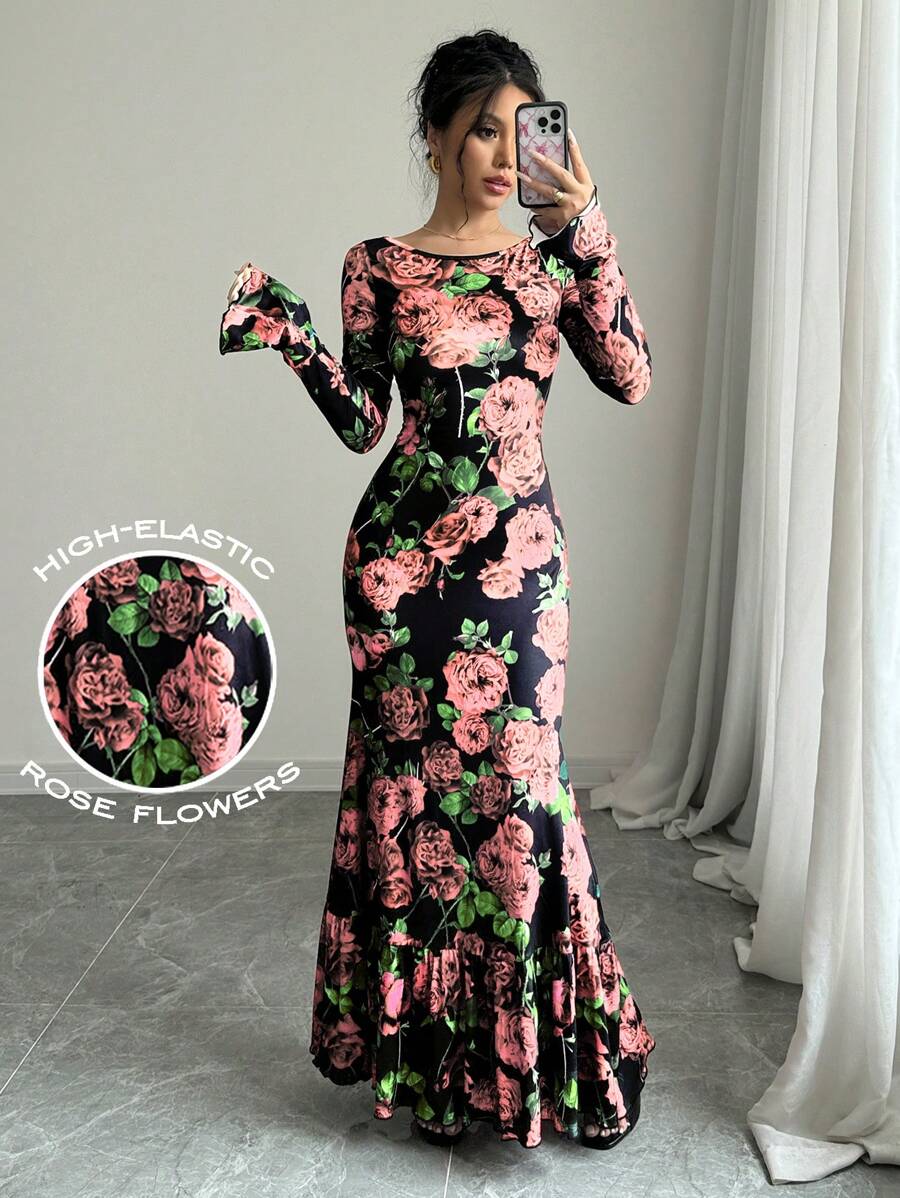 Chiquease Women Full Floral Print Crew Neck Long Sleeve Casual Dress Maxi Women Outfit - Pink - View 1