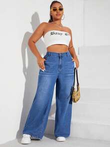 SHEIN EZwear Quần jeans ống đứng màu xanh lam không co giãn cho nữ cỡ lớn, mùa thu/đông - Màu xanh lam - Xem 4