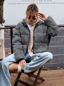 SHEIN LUNE 女士休闲波尔卡圆点豹纹短款保暖立领口袋羽绒服，秋冬