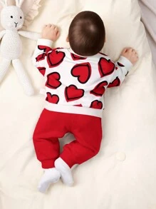 SHEIN 新生女婴心形图案运动衫和纯色松紧腰裤 2 件套，适合秋冬季，圣诞节 - 紅色 - 查看 2