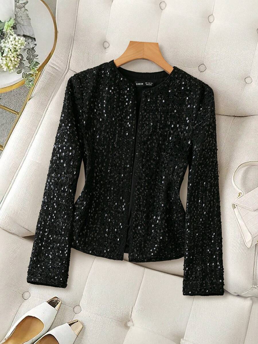 EMERY ROSE Women's Casual Beaded Short Jacket Coat - Black - View 1