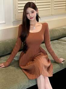 DAZY Váy len dệt kim dài tay cho nữ, Quần áo thu/đông, mùa thu cho nữ - màu nâu - Xem 1