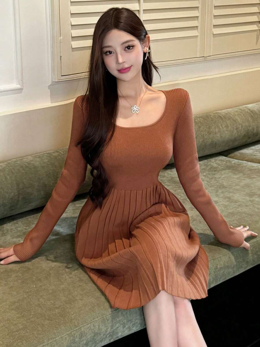 DAZY Váy len dệt kim dài tay cho nữ, Quần áo thu/đông, mùa thu cho nữ - màu nâu - Xem 1