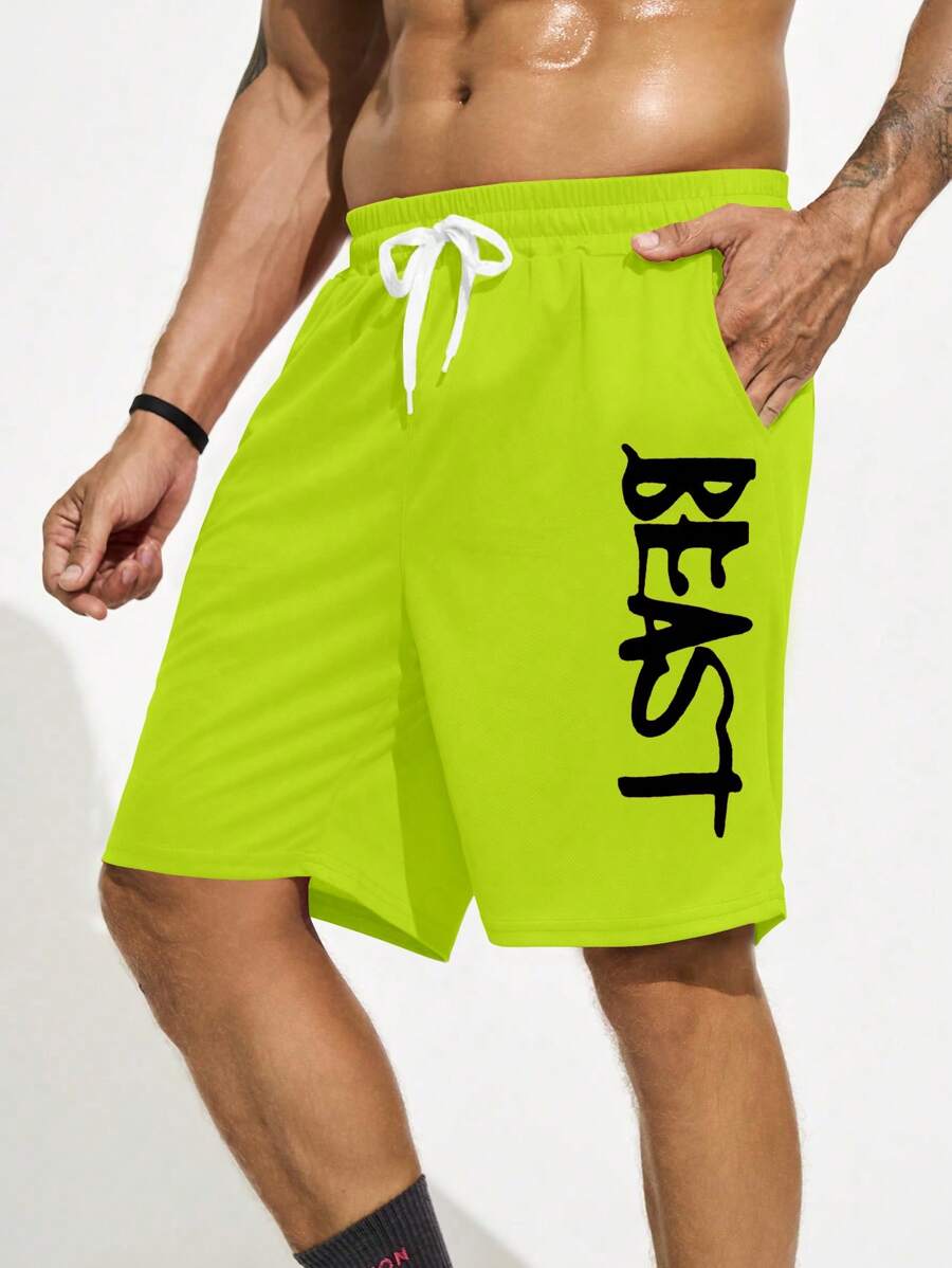 Gym Rark Boyfriend Style Men's Summer Casual Letter Print Drawstring Waist Loose Workout Shorts - Mint Green - View 1