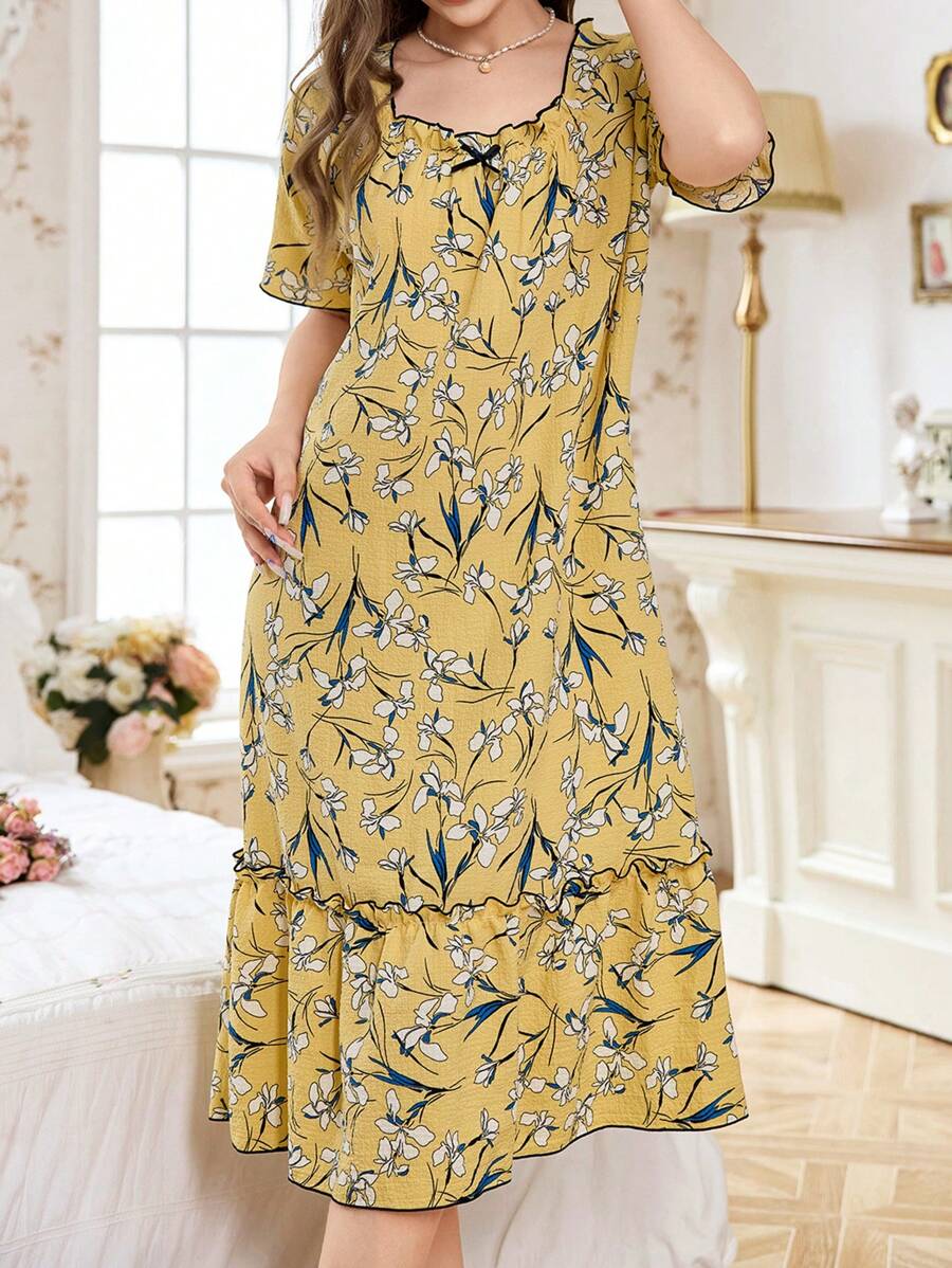 CottageSlumber Bubble Print Ruffle Trim Women's Nightgown Babydoll Holiday Season - Yellow - View 1