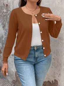 SHEIN Clasi Plus Size Casual Solid Color Cardigan, Versatile For Spring And Autumn, For Winter Fall Cloth For Women - Brown - View 3