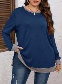 EMERY ROSE Áo thun dài tay cổ tròn xẻ tà, phối màu, cỡ lớn, thích hợp cho mùa lễ hội mùa đông thu đông. - Xanh đậm - Xem 3