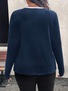 EMERY ROSE 大码女式拼色圆领长袖休闲 T 恤，春夏冬装 - 藏蓝色 - 查看 2