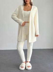 SHEIN PETITE Conjunto de chaleco de punto con mangas largas de hombros caídos y pantalones para mujer