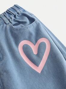 2pcs/Set Teen Girls Y2K Style Pink Ribbed Knit Collared Long Sleeve Cropped Top & Denim Flared Pants With Elastic Heart Print - Multicolor - View 9