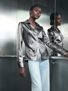 Maija Women's Silver Metallic Shiny Long Sleeve Turndown Collar Single Breasted Party Casual Fashion Blouse, Early Spring - Silver - View 5
