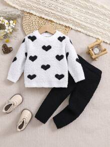 SHEIN 2pcs Baby Girl Cute White Heart Print Long Sleeve Sweater & Elastic Waist Black Pants Set, Autumn/Winter - Black and White - View 1