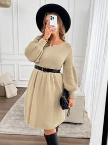 SHEIN LUNE Váy len dệt kim cổ tròn thắt nơ lưng cỡ lớn màu mơ, dáng chữ A dài tay, thường ngày và đa năng cho mùa thu/đông - Màu be - Xem 2