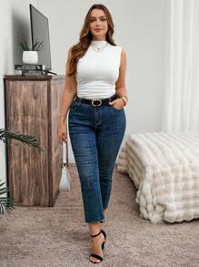 Plus Size Women Solid Funnel Neck Ruched Slim Casual White Tank Top Holiday - White - View 5