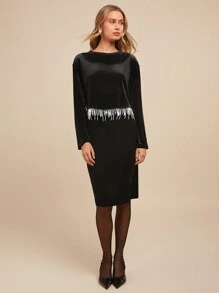 SHEIN Clasi 2pcs Pearl Tassel Party Slit Outfit For Women Christmas - Black - View 6