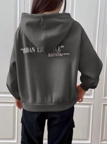 SHEIN EZwear Women's Casual Letter Print Gray Knitted Hoodie Sweatshirt For Autumn,Long Sleeve Tops