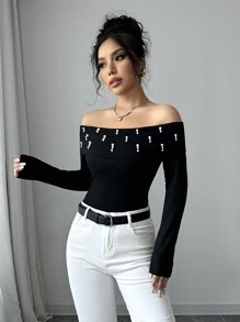 Elenzga 1pc Women Off-Shoulder Elegant Beaded Decor Top, Suitable For Autumn/Winter