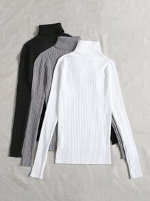 SHEIN PETITE Women Casual High Neck Solid Color Ribbed Knit Sweater, Autumn/Winter