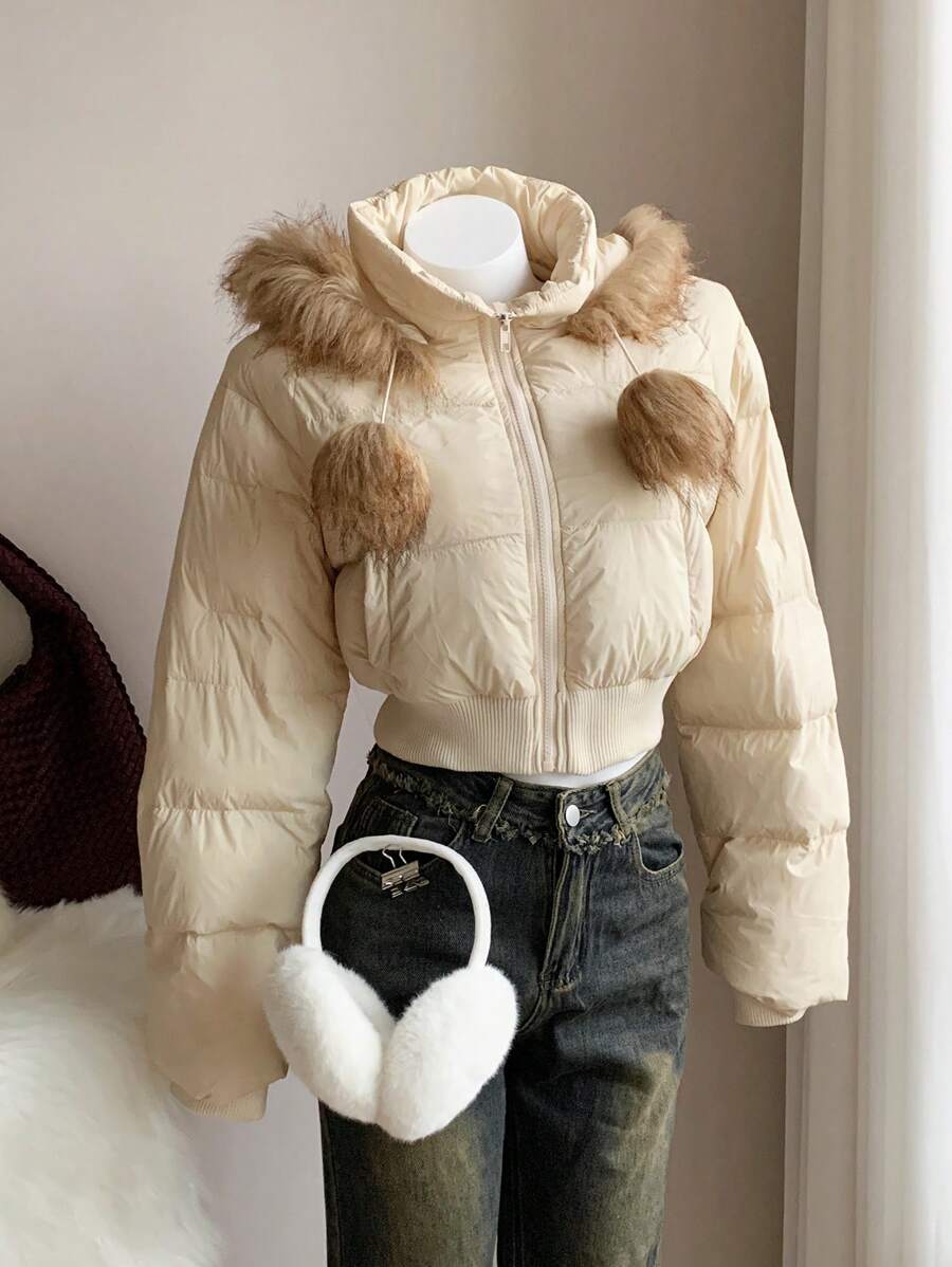 Comfortcana Women's Fluffy Patchwork Hooded Zip-Up Padded Coat With Pockets, Fall/Winter - Apricot - View 1