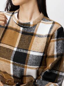 Mulvari Women's Retro Plaid Cinched Waist Long Sleeve Modest Dress, Autumn - Khaki - View 8