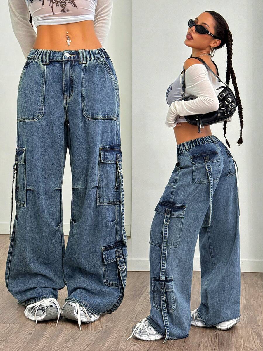 SHEIN PETITE Quần Jeans Ống Rộng Có Dây Rút Eo Giặt Thường Ngày Cho Nữ - Màu xanh lam - Xem 1