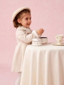 SHEIN Baby Girls' Minimalist Lapel Half-Open Cardigan With Fuzzy Trim, Long Sleeve Butterfly Decor A-Line Party Dress, Spring/Autumn - Apricot - View 10