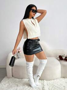 Zolique Women V-Neck Zipper Front Sleeveless Apricot Knit Crop Top - Apricot - View 3