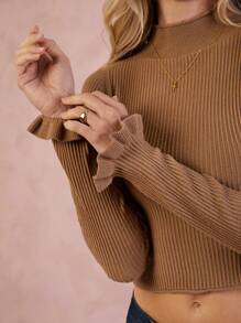 WESTFADE Áo len cổ bẻ viền bèo nhún - màu nâu - Xem 2