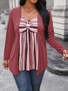 EMERY ROSE 大码纯色鸡心领拼接长袖前扣休闲 T 恤图案 T 恤女式上衣适合春季服装 - 彩色 - 查看 3