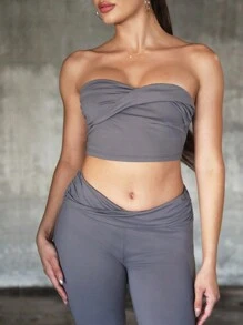 Denimoi Twist Bust Corset Top & Flared Pants Two Pieces Set - Grey - View 3
