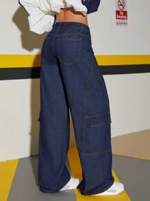 SHEIN ICON Quần Jeans Ống Rộng Viền Thô Rộng Rãi Cho Nữ, Xuân/Thu - Rửa tối - Xem 2