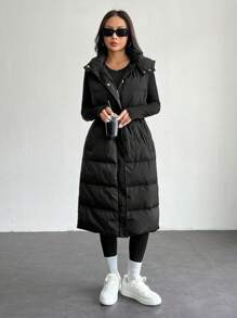SHEIN PETITE Long Hooded Black Winter Vest Jacket - Black - View 4