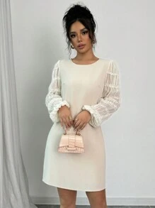 Chiquease Đầm dài tay rộng rãi, dáng suông, cổ tròn, xếp ly, chất liệu voan trơn màu, dáng rộng, thường ngày - Màu be - Xem 5