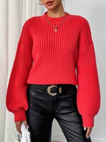 Chiquease Women Casual Round Neck Lantern Sleeve Solid Knitted Sweater, Autumn/Winter