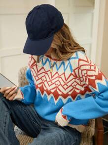 Femmeiva 1pc Nomadic Style Loose Fit Half-Turtleneck Colorblock Pullover Sweater, Knit Pullover Fall Winter - Blue - View 7