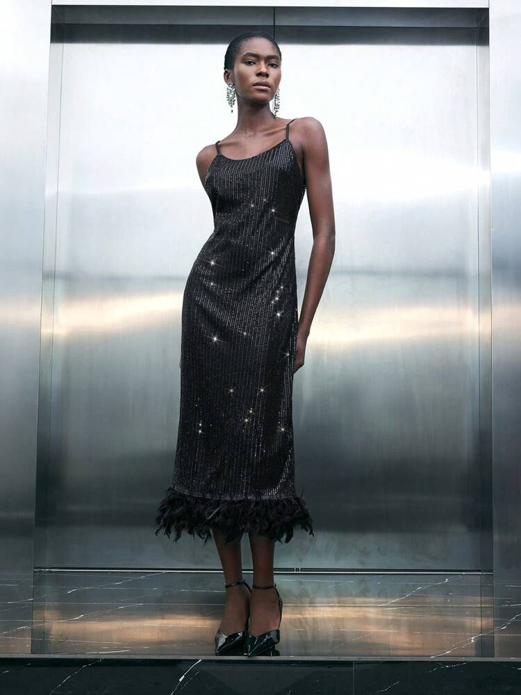 SHEIN Maija Women's Christmas Party Sequin Fluffy Patchwork Spaghetti Strap Mid-Length Dress, Autumn/Winter Fashion