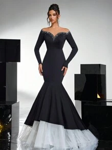 Glamrae Elegant Black Mesh Inset Bodice, Luxuriously Embellished With Rhinestones, Fitted Silhouette, Fishtail Mesh Hem, Black & White Contrast Gothic Informal Wedding Gown, Formal Evening Dress, Long Sleeve Prom Dress, For Wedding Guest, Graduation, Dinner, Party Dress