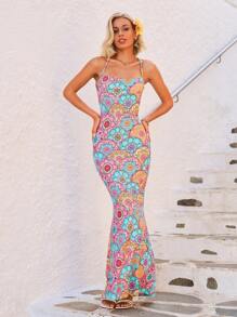 Vivid Eden Women Spaghetti Strap Backless Printed Sleeveless Knitted Dress