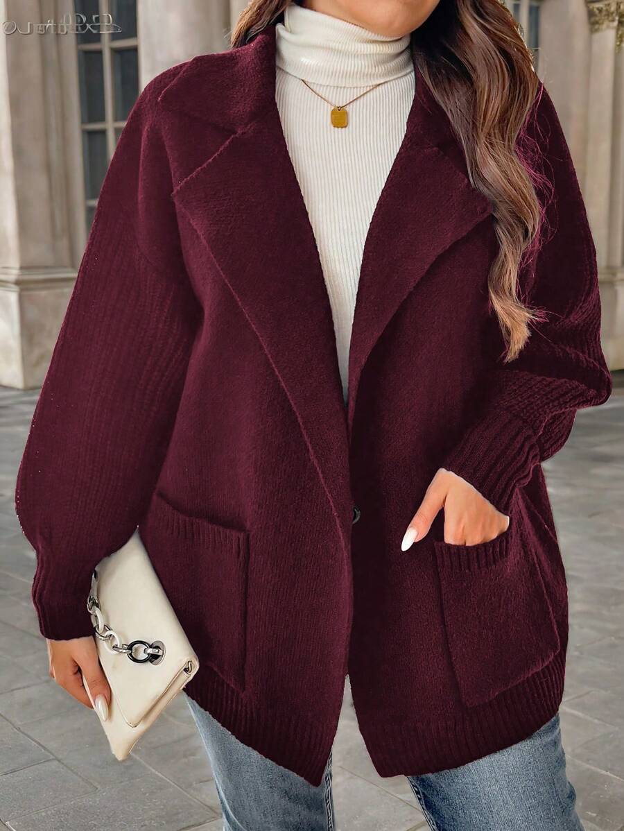 Calvaya كارديجان محبوك بأكمام طويلة وجيوب, لون سادة, نمط كاجوال لأحجام إضافية، شتوي - عنابي اللون - مشاهدة 1