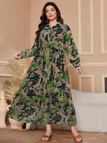 Al Najma Plus Size Women Botanical Print Long Sleeve Single Breasted Dress, Arabic Clothing, Casual,Modest For Casual Daily/Travel/Holiday/Vacation/Homewear, Maxi Length Plus Size Arabian Wear