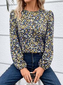 SHEIN Frenchy 1pc Women's Ditsy Floral Lantern Sleeve Vacation Style Shirt, Spring/Autumn Winter Flower Blue Holiday Resort - Blue - View 1