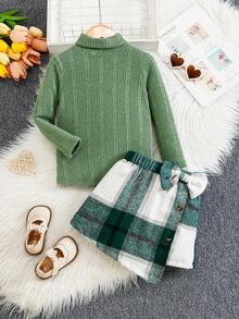 2 件套女孩纯色高领长袖上衣和蝴蝶装饰短裙休闲装 - 綠色 - 查看 3