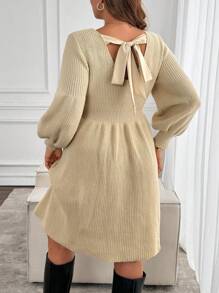 SHEIN LUNE Váy len dệt kim cổ tròn thắt nơ lưng cỡ lớn màu mơ, dáng chữ A dài tay, thường ngày và đa năng cho mùa thu/đông - Màu be - Xem 4