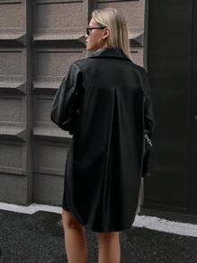 SHEIN LUNE 女士午夜之吻黑色仿皮领迷你吊带裙 - 黑色 - 查看 2