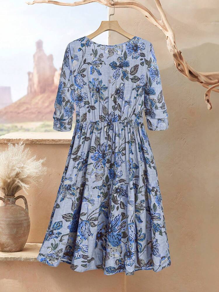 Plus Size Long Fall Dress Women Floral Print Round Neck Short Sleeve Loose Casual Dress, Fall Women Clothes