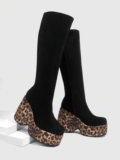 Sugerpunk Botas casuales cómodas de uso diario, de fiesta, con cremallera lateral, de material de tela con estampado de leopardo y, con punta redonda, plataforma y tacón ancho, para mujer, para Navidad, Año Nuevo y San Valentín.