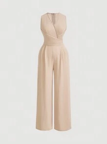 SHEIN MOD Mono de pierna ancha con cremallera, sin mangas, de unicolor y con envoltorio retro para la cintura para mujeres de talla grande