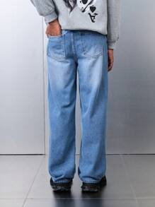 SHEIN Jeans rectos holgados y cómodos de mezclilla azul casual de moda para adolescentes varones, para uso diario y ropa de otoño/invierno para chicos adolescentes