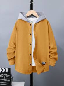SHEIN Tween Boy 字母图案长袖休闲拼布连帽夹克，秋冬 - 黃色 - 查看 1