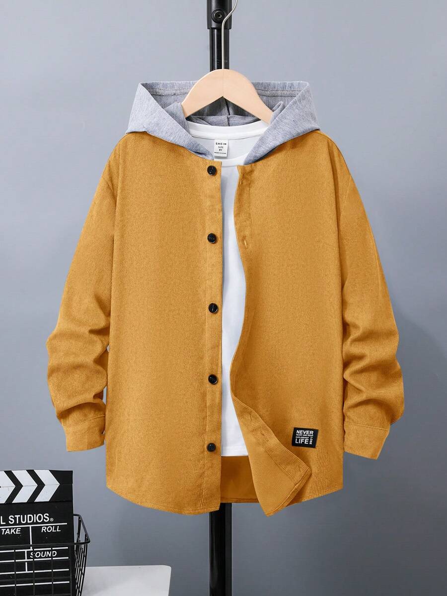SHEIN Tween Boy 字母图案长袖休闲拼布连帽夹克，秋冬 - 黃色 - 查看 1